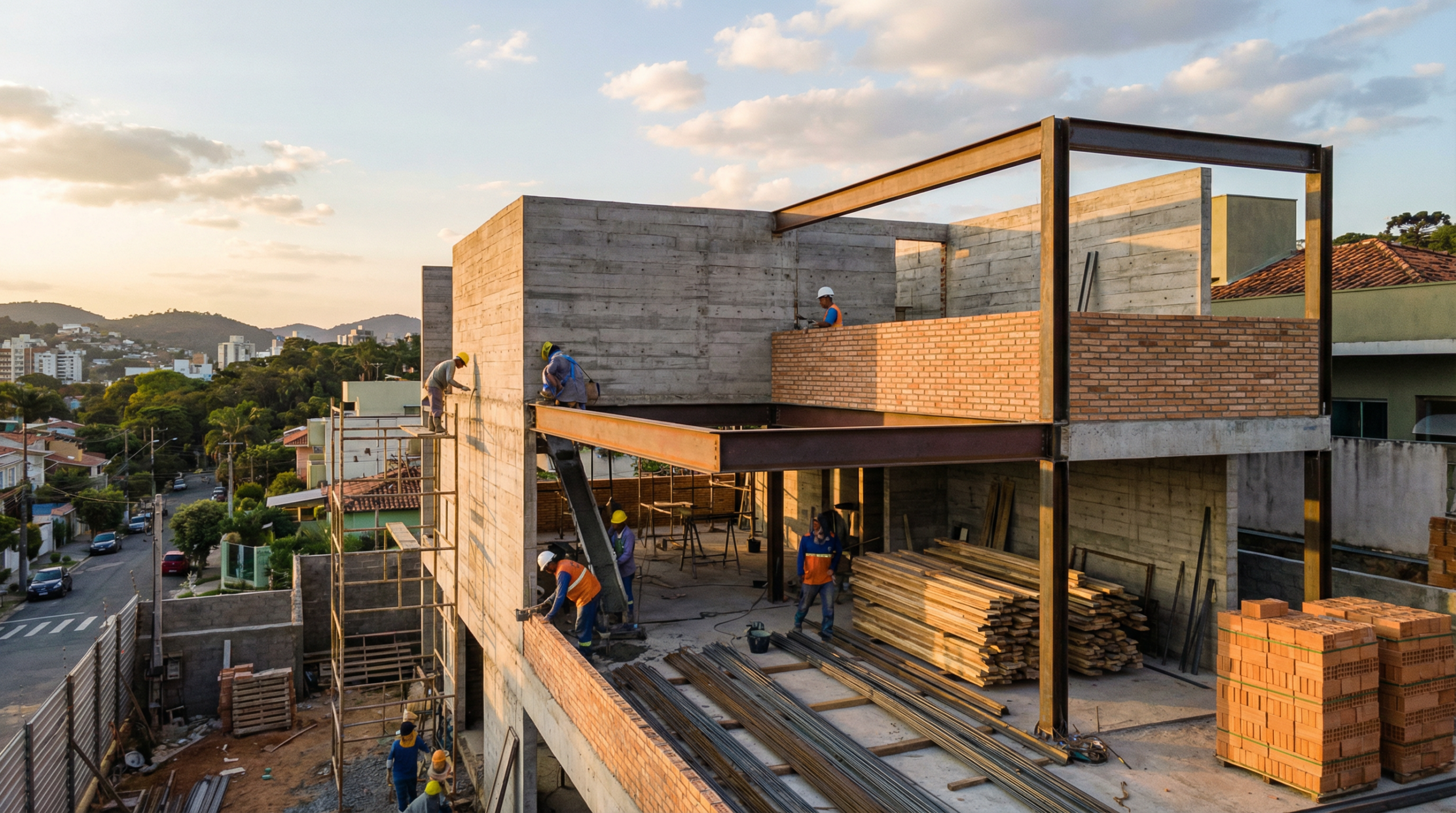 Casa moderna em construção em Sorocaba com trabalhadores e estrutura de concreto