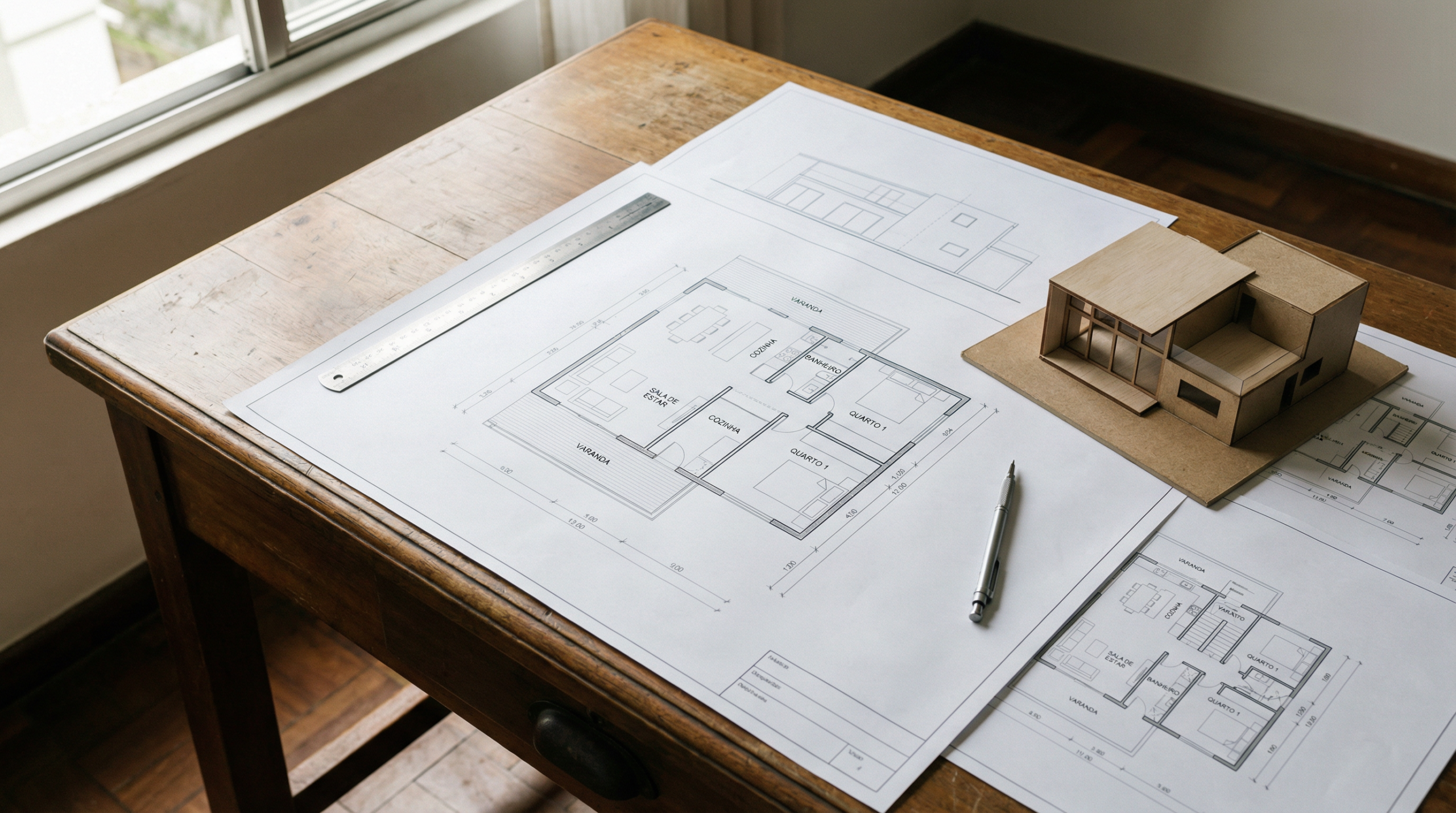 Plantas arquitetônicas e maquete de casa sobre mesa de trabalho