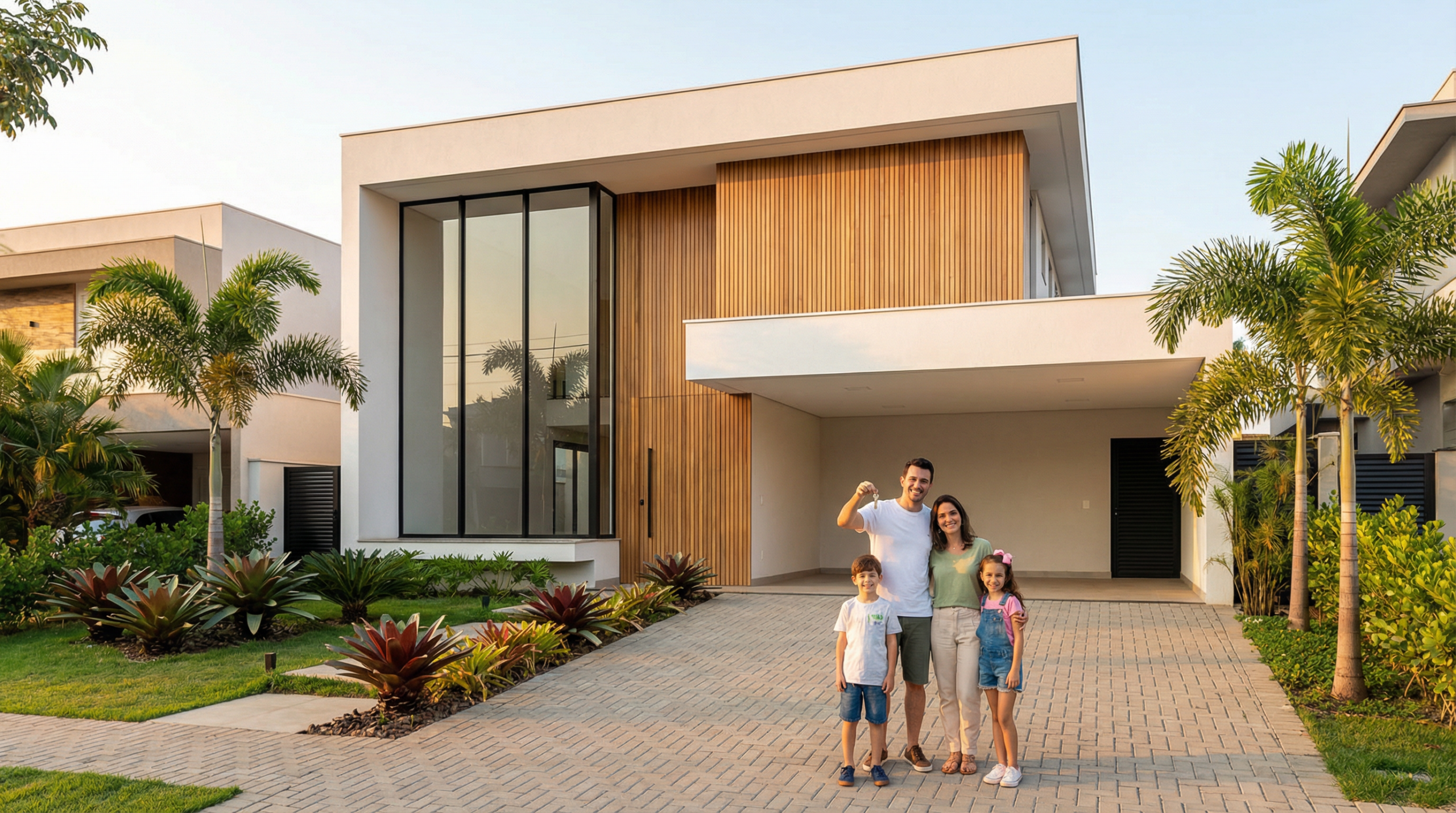 Família feliz em frente à casa nova moderna em Sorocaba