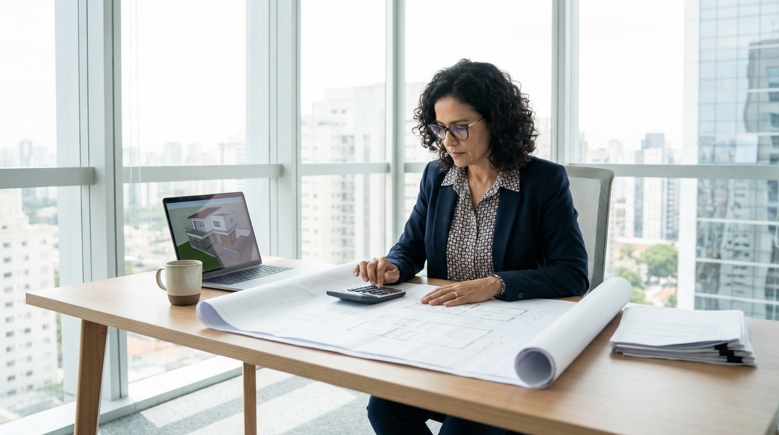 Arquiteta analisando projeto e calculando custos em escritório moderno
