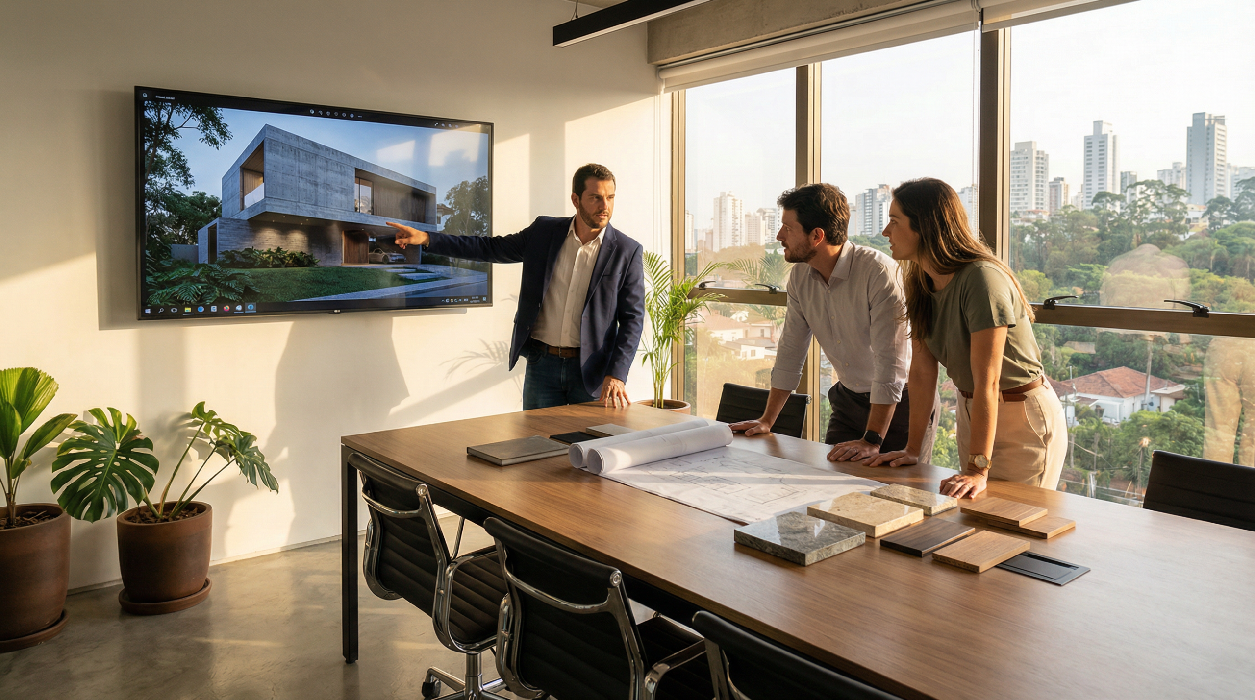 Arquiteto apresentando projeto 3D para casal de clientes em escritório