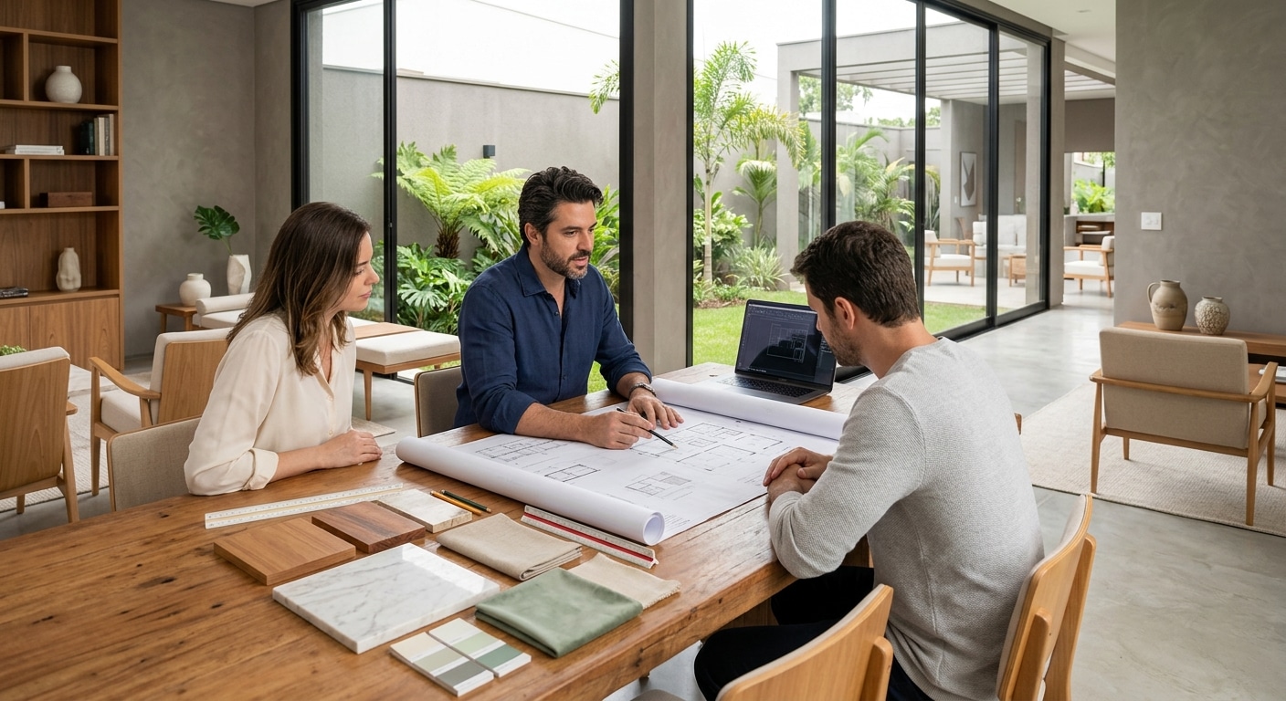 arquiteto e casal analisando plantas sobre mesa de madeira em ambiente elegante, com amostras de materiais e luz natural