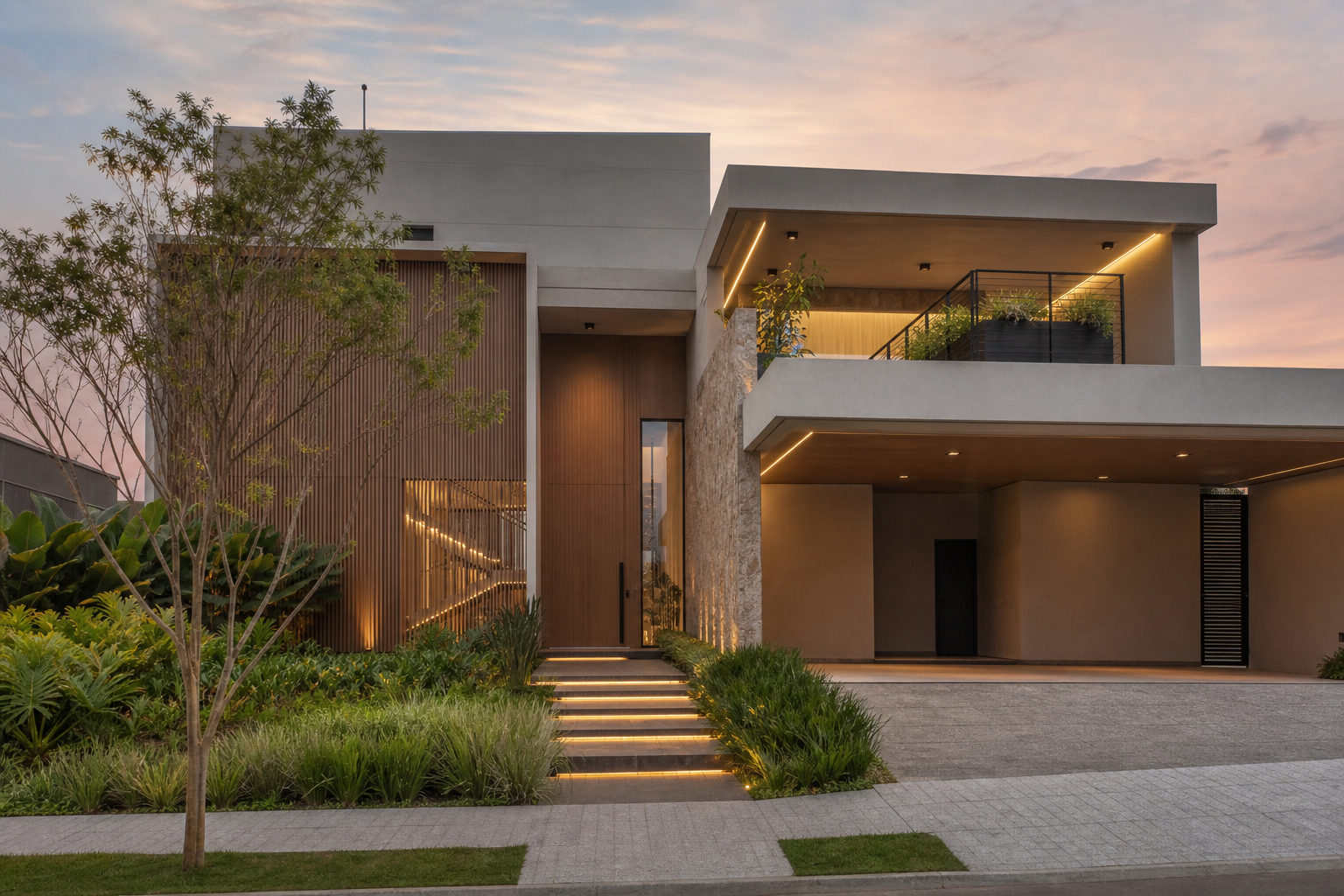fachada contemporânea de residência de alto padrão em condomínio de Sorocaba, com iluminação suave ao entardecer e jardi