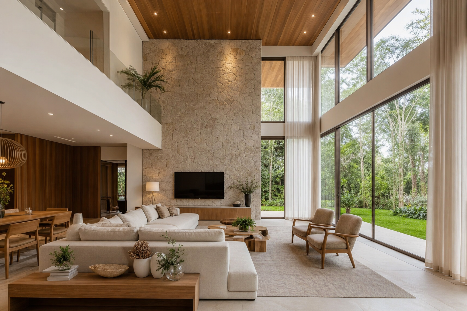 sala de estar ampla com pé-direito duplo, janelas do piso ao teto com vista para área verde, mobiliário contemporâneo em