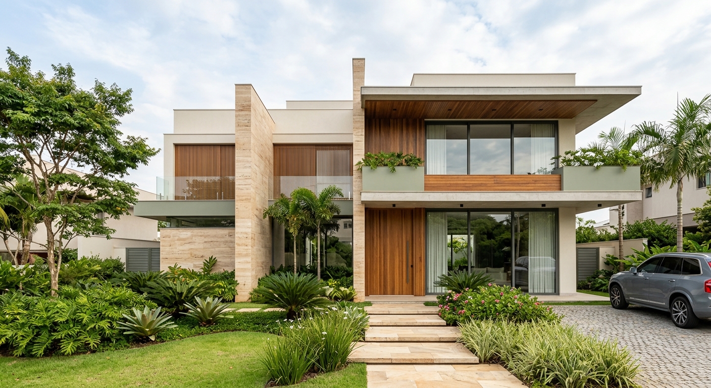 fachada contemporânea de residência de alto padrão em Sorocaba, com jardim frontal bem cuidado, iluminação natural e aca