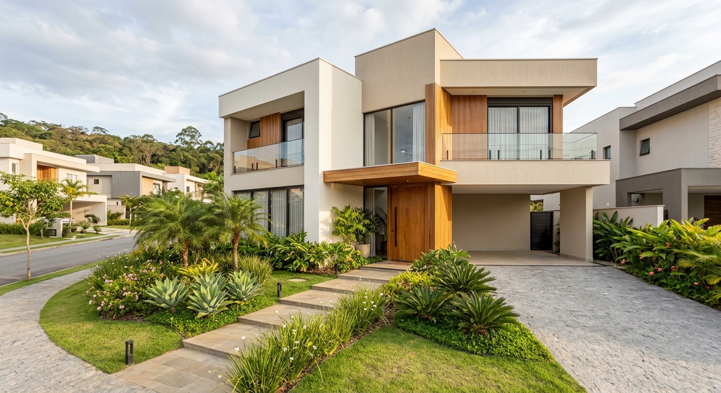 fachada de casa contemporânea de alto padrão em condomínio de Sorocaba com jardim bem iluminado, volumes claros e entrad