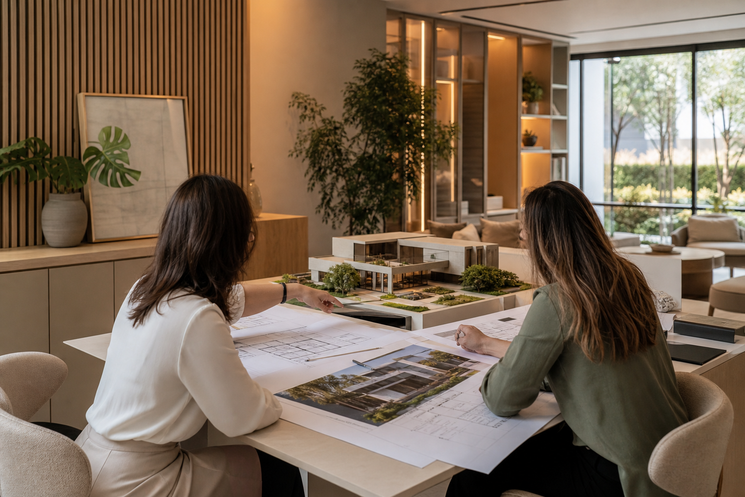 reunião de projeto em escritório de arquitetura, mesa com plantas impressas, maquete residencial e profissional apontand