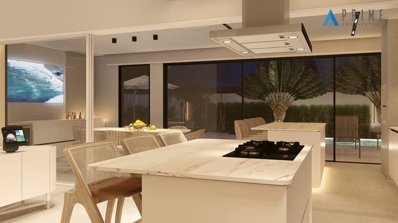 Sala de jantar e cozinha integradas com grandes vaos de vidro