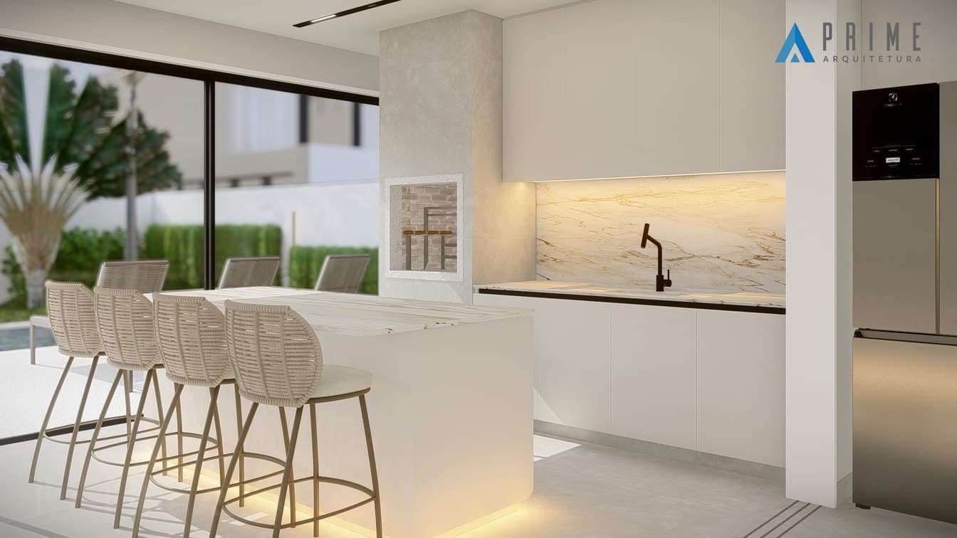 Cozinha gourmet com bancada e banquetas
