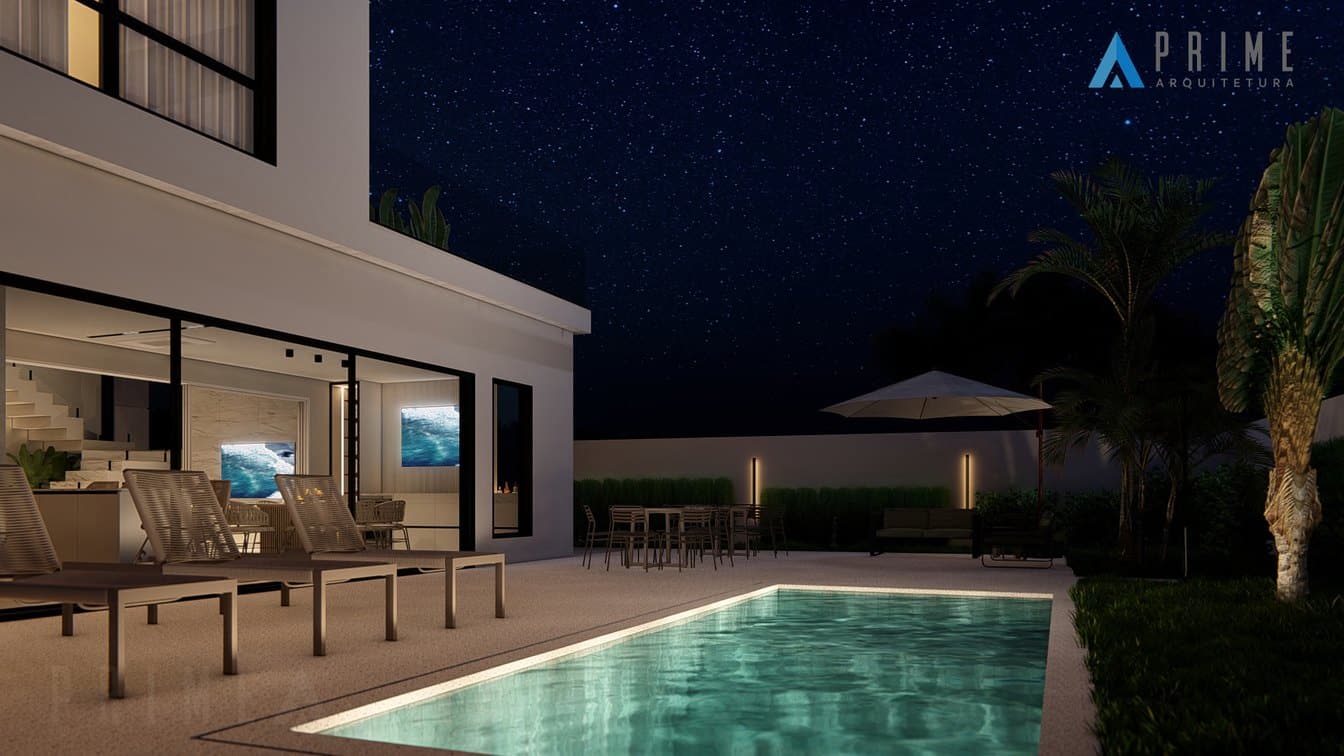 Area de lazer e piscina a noite