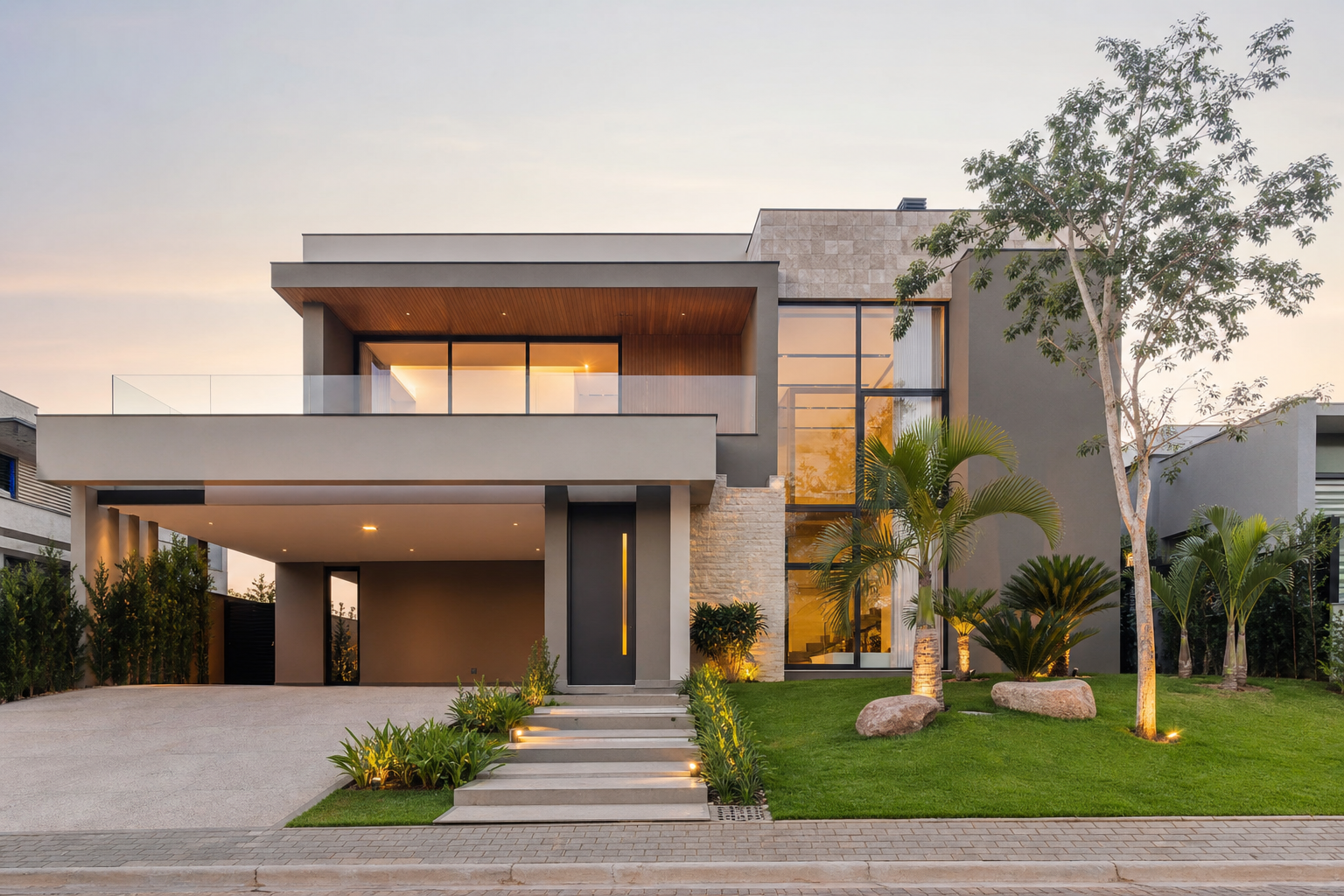 fachada de residência contemporânea de alto padrão em Sorocaba, com jardim frontal bem cuidado e iluminação natural ao e