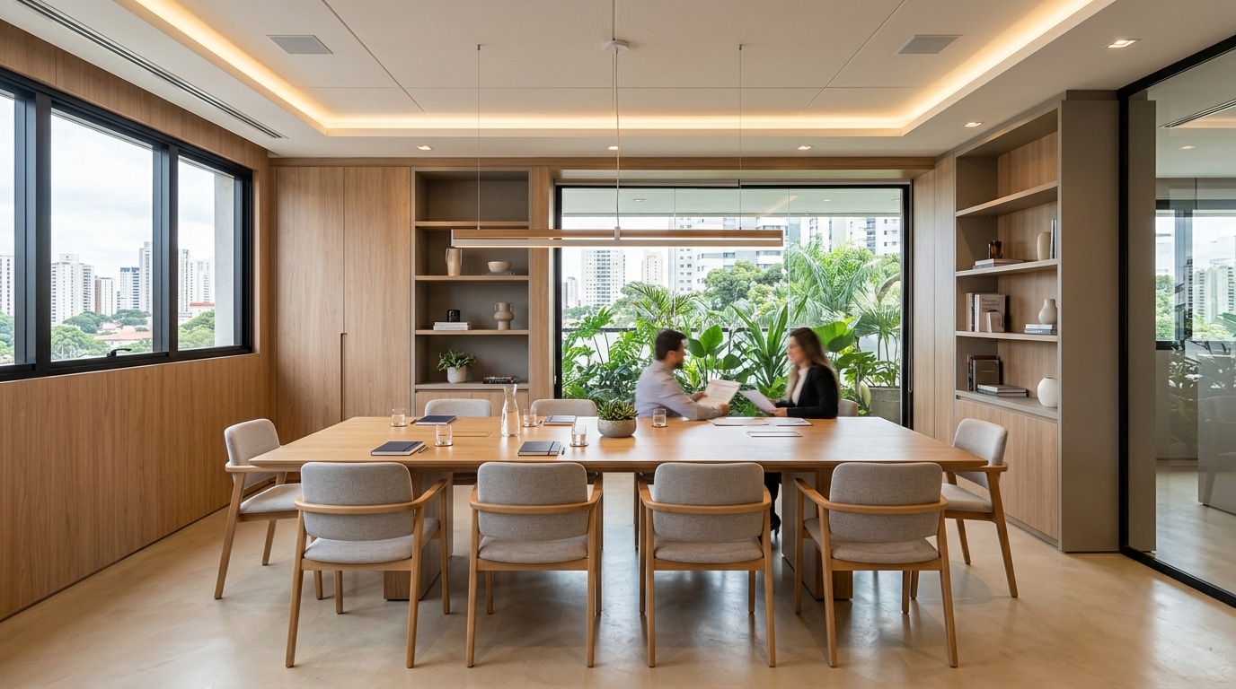 sala de reuniões em escritório comercial sofisticado com marcenaria planejada, iluminação embutida e paleta em tons de c