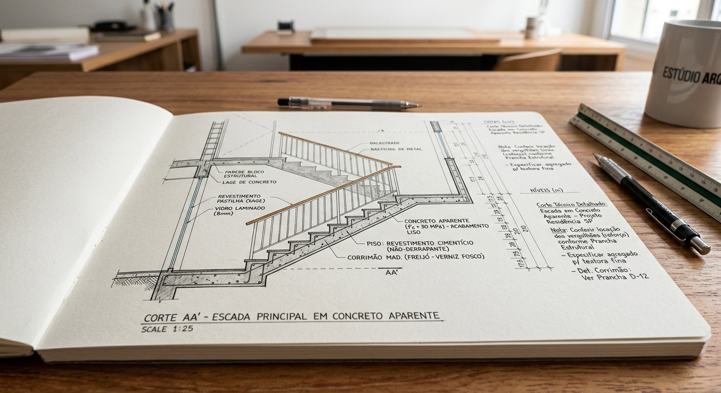 detalhe de prancha de arquitetura com corte técnico ampliado de escada em concreto aparente, com cotas e especificações
