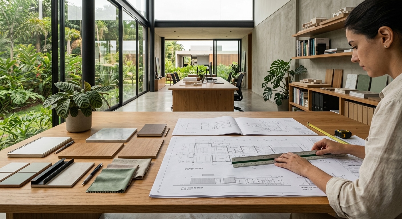 mesa de escritório de arquitetura com pranchas técnicas abertas, régua paralela e amostras de materiais organizadas sobr