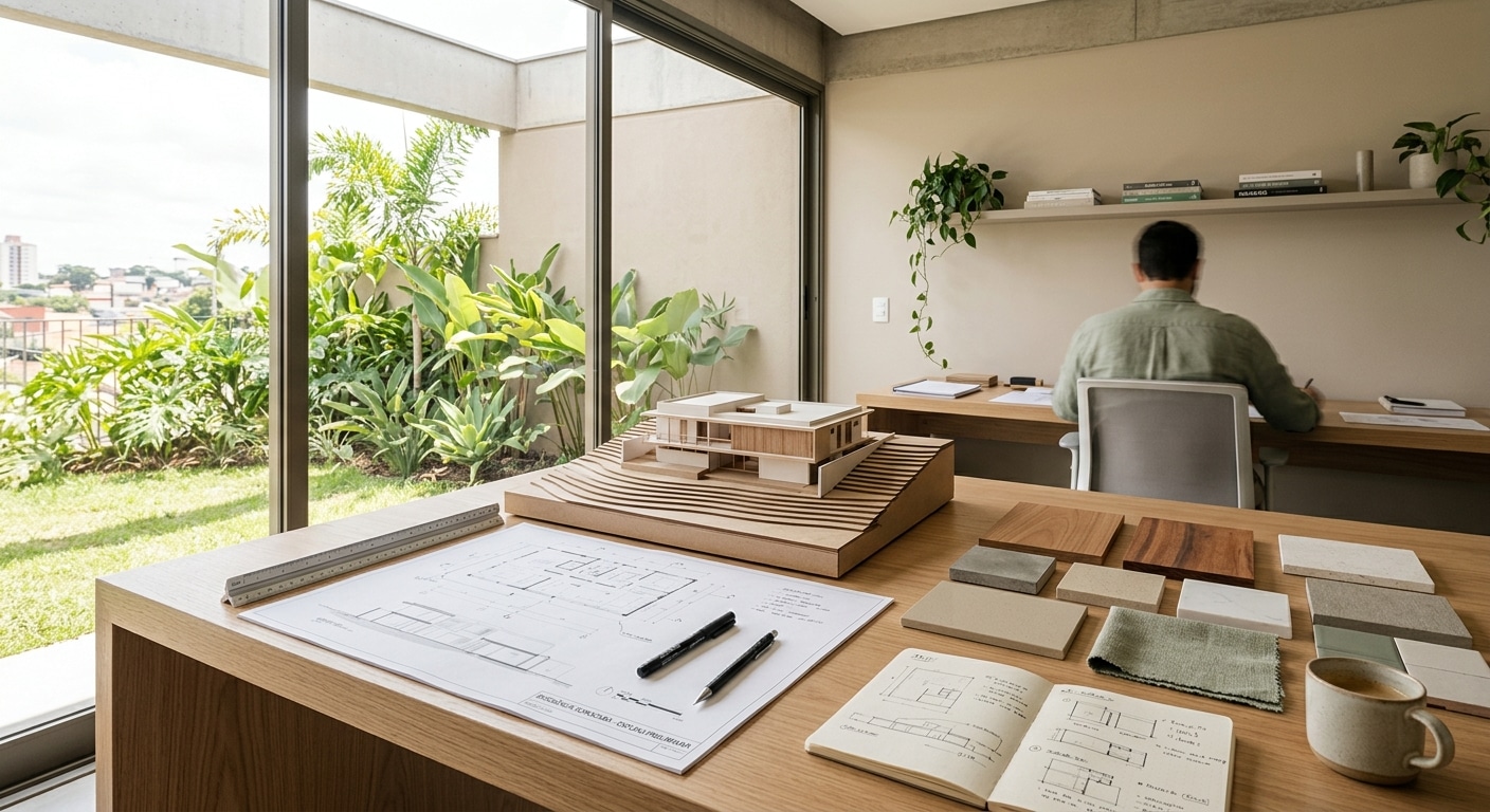 mesa de trabalho de escritório de arquitetura com pranchas de projeto residencial, maquete física e amostras de materiai