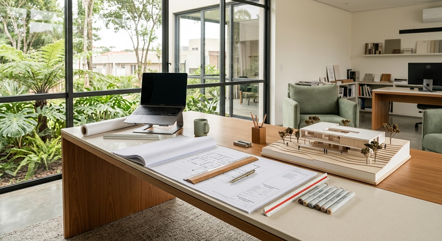 mesa de escritório de arquitetura com pranchas técnicas abertas, régua paralela e maquete volumétrica de residência sobr